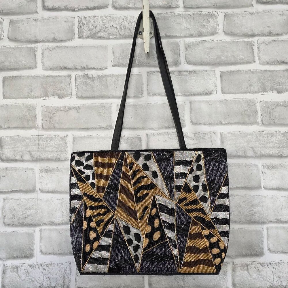 Vintage Chico's Beaded Animal Print Shoulder Bag Black Y2K Glam